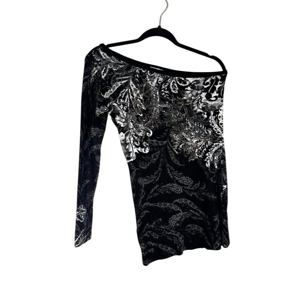 Vintage Silk Floral Beaded One Shoulder Sweater Black S Neutral 90s Goth Preppy